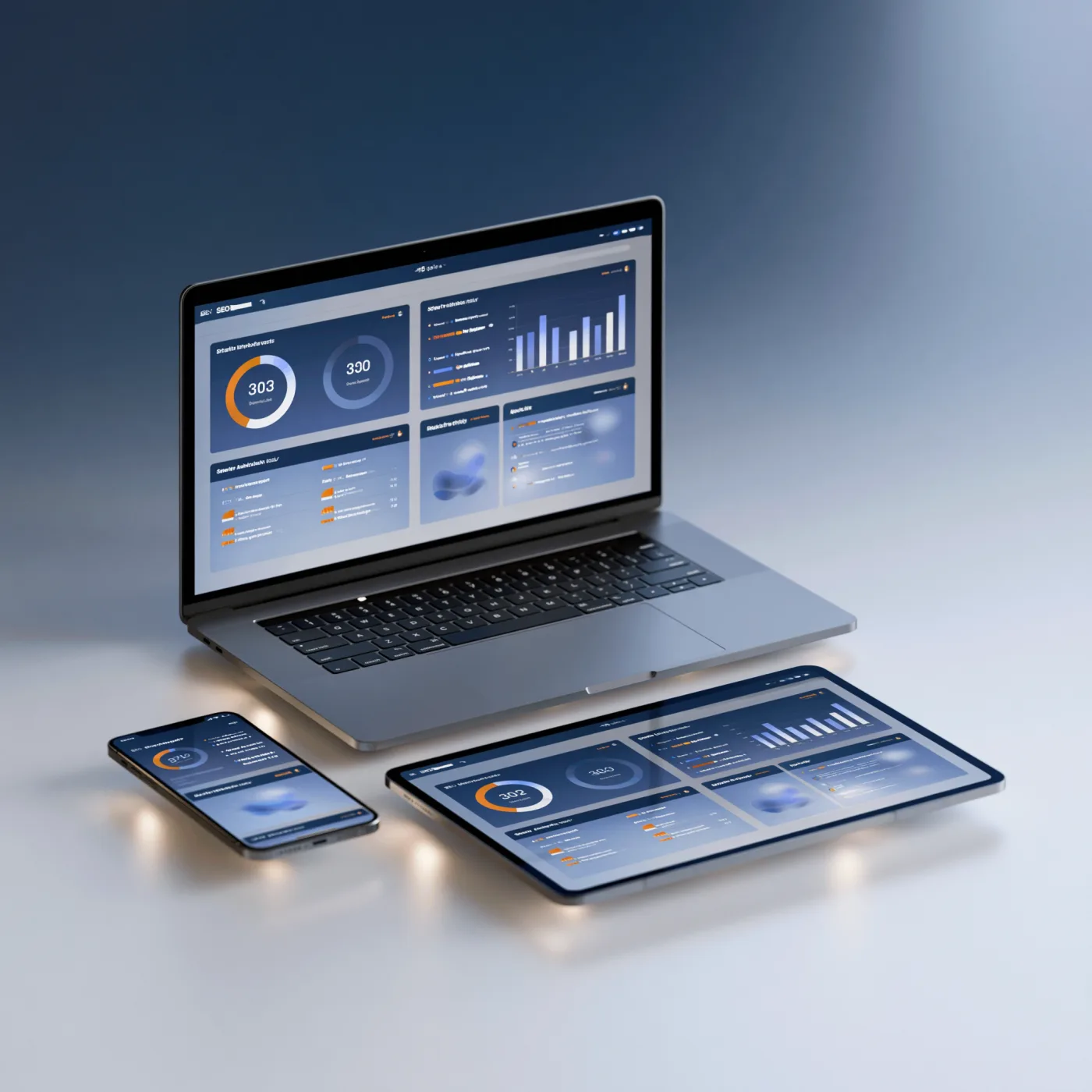 SEO-Report auf Laptop, Tablet und Smartphone