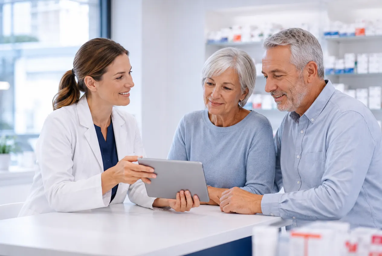 Pharmacist showing an elderly couple information on a tablet