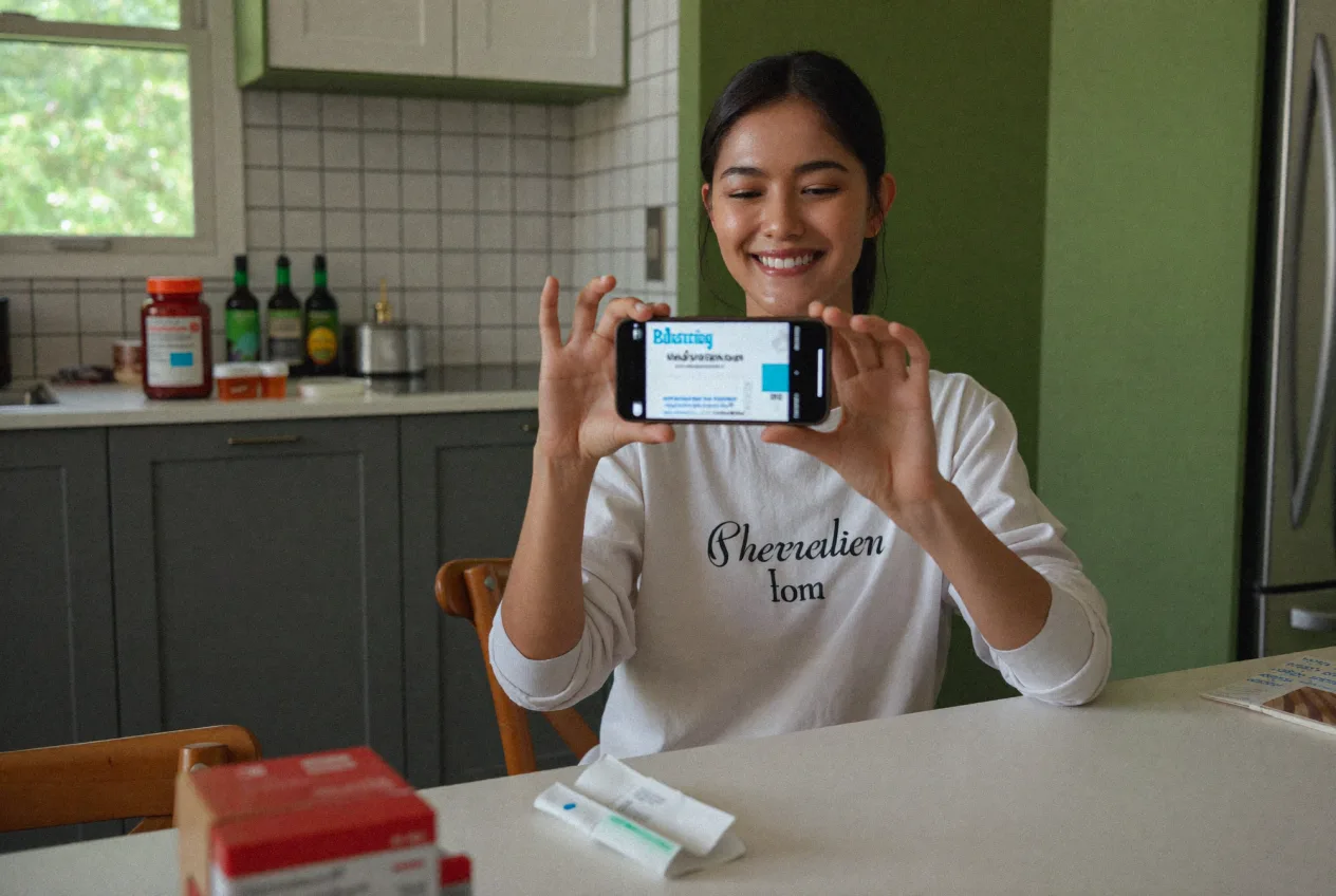 Kundin fotografiert ihr Rezept mit dem Smartphone für die Online-Vorbestellung in der Apotheke