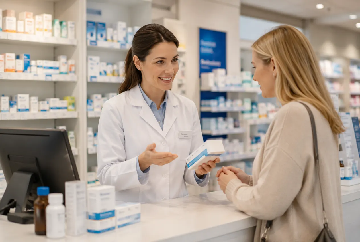 Pharmacist explaining a medicine to a customer at the counter