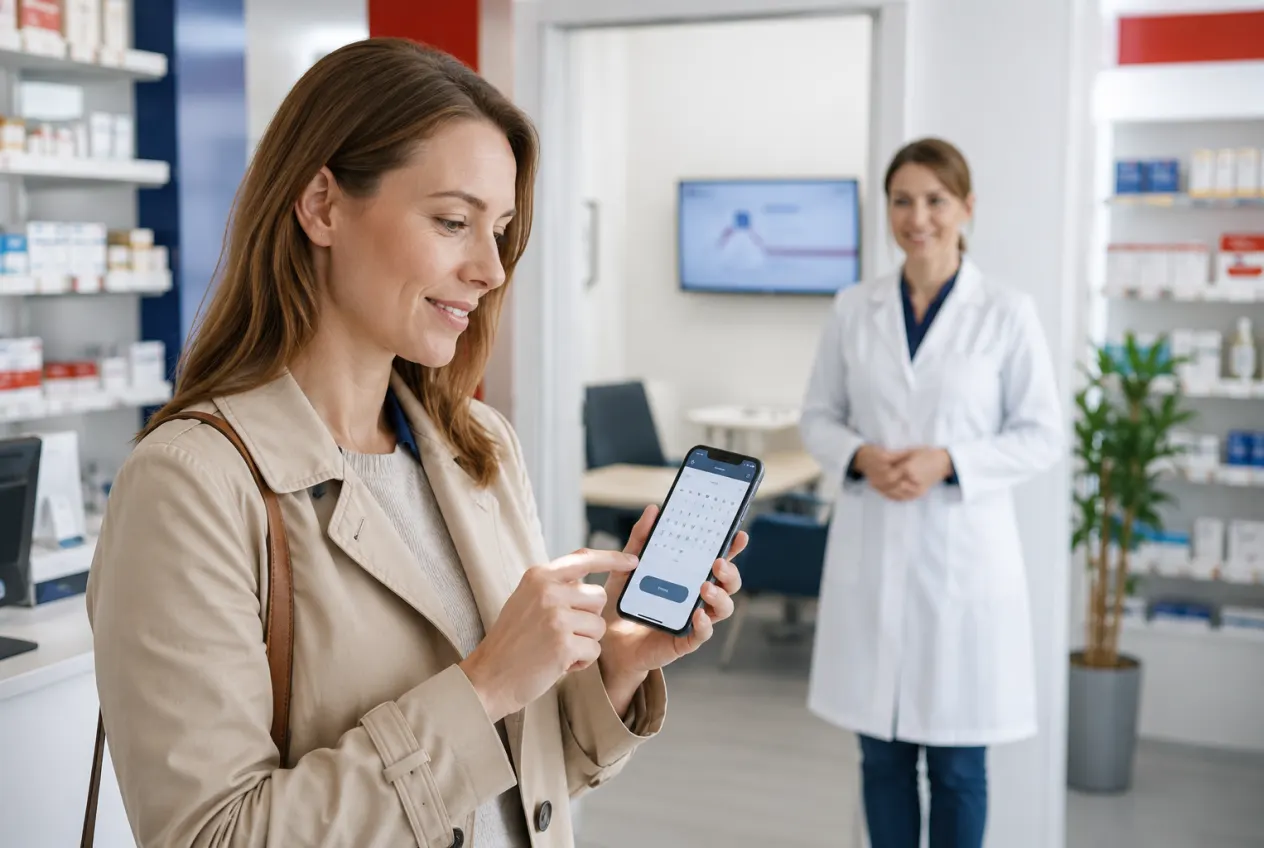 Customer photographing her prescription with a smartphone for an online pre-order at the pharmacy