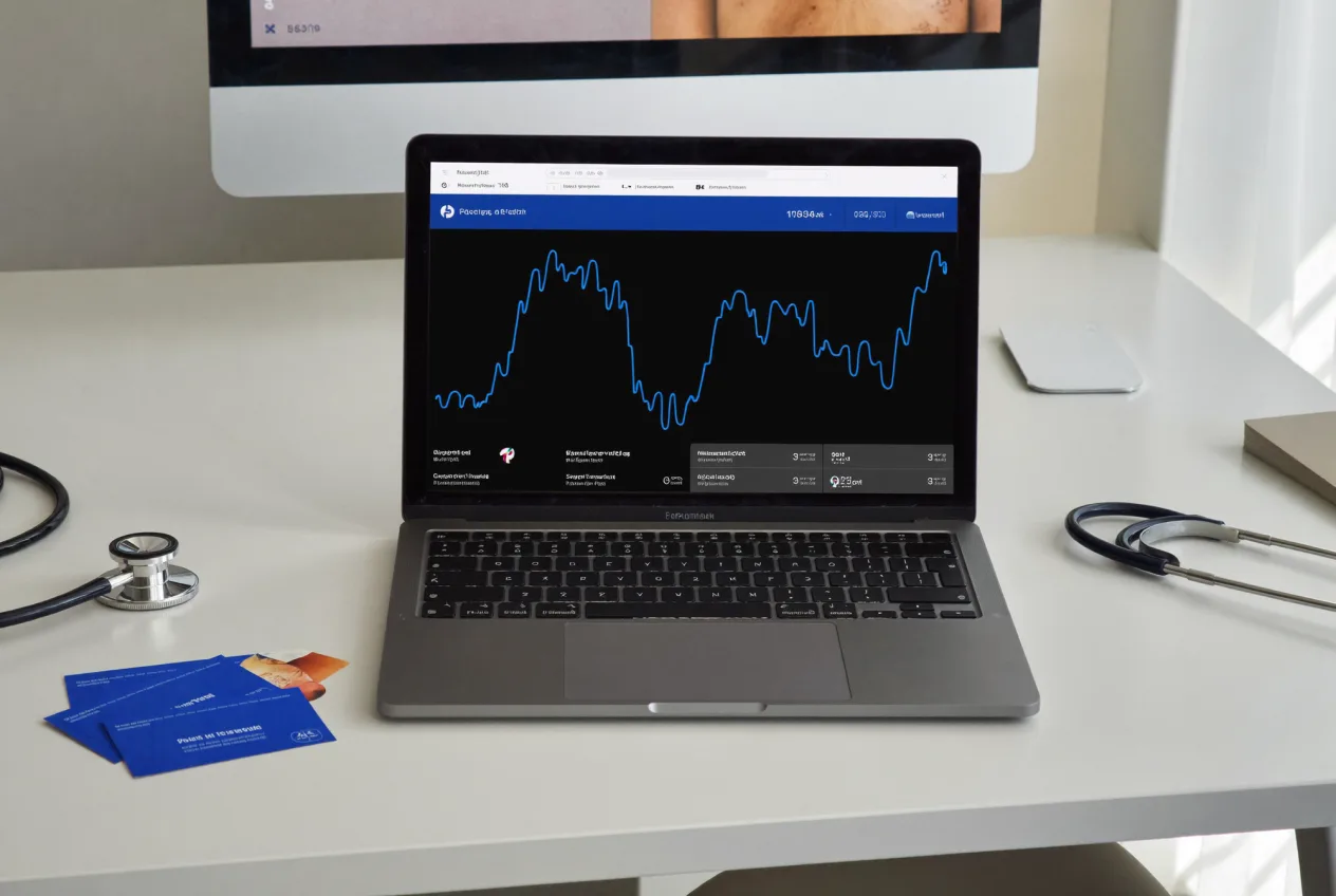 Arbeitsplatz mit Laptop und Analyse-Dashboard für SEO und Content