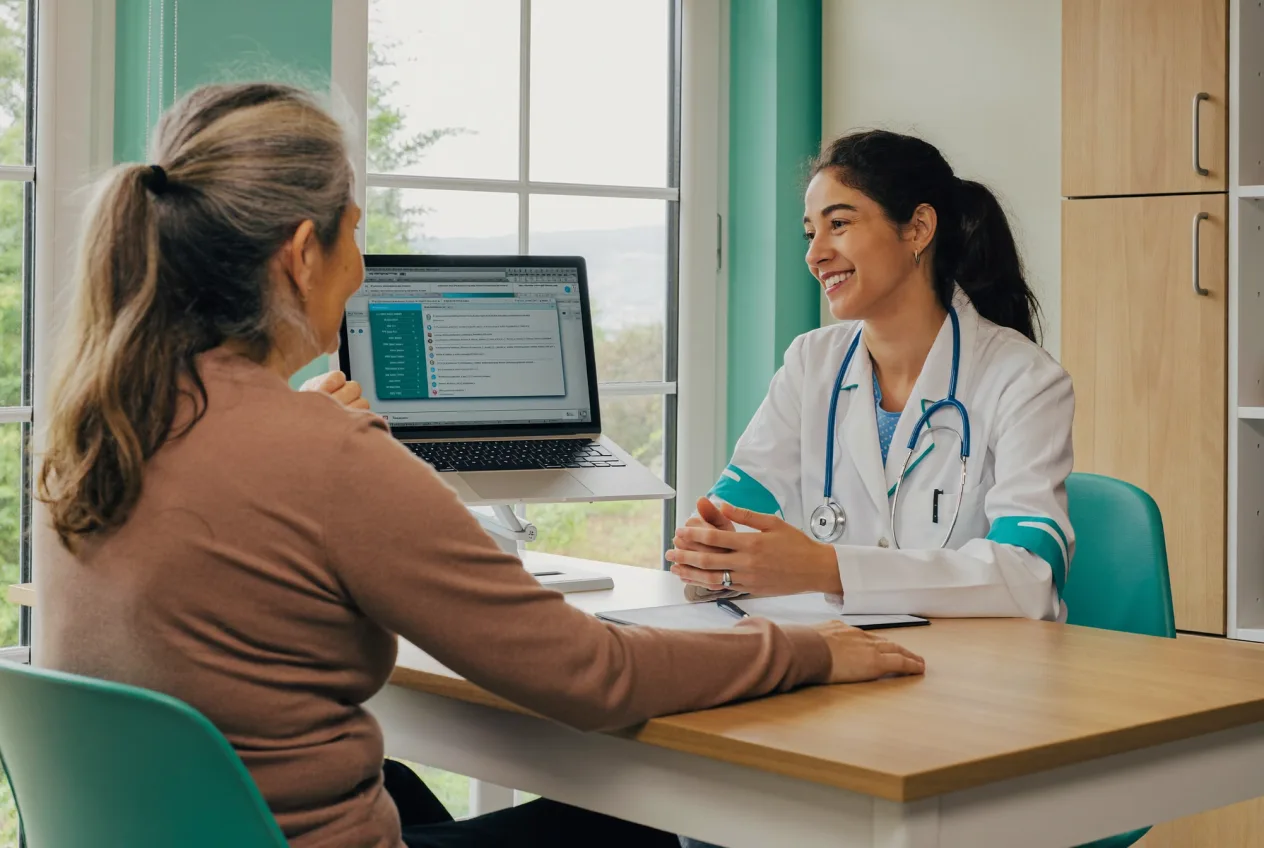 Ärztin im ruhigen Gespräch mit einem Patienten im Sprechzimmer