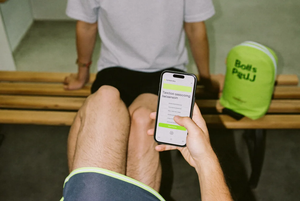 Interessentin bucht am Smartphone ein Probetraining im Fitnessstudio