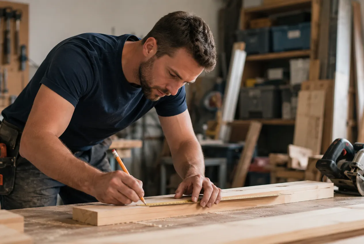 Joiner marking up a workpiece in the workshop