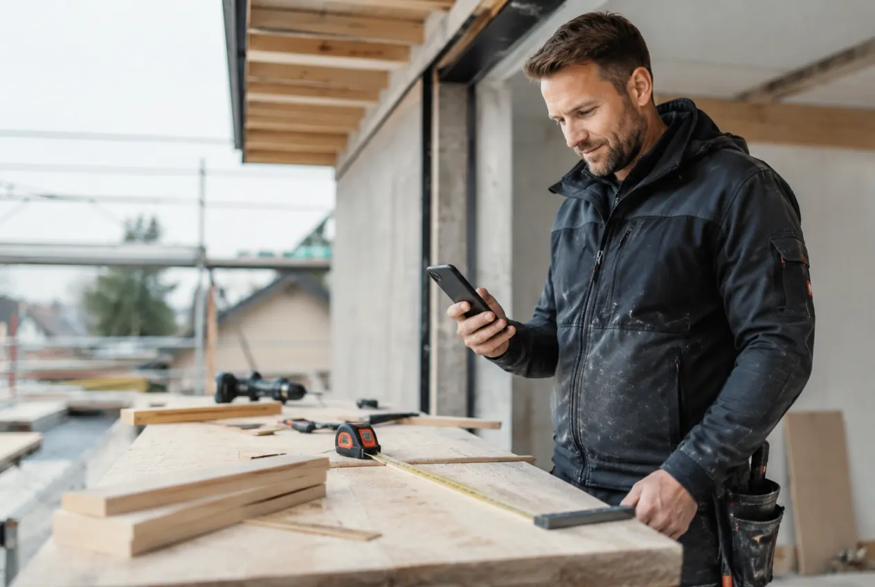 Customer photographing damage with a smartphone for an online enquiry to a trades business