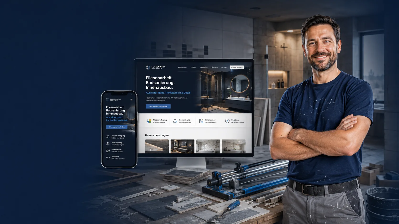 Fliesenleger vor seiner Website, im Hintergrund ein fertig gefliestes Badezimmer