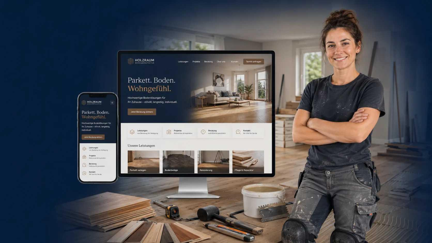 Bodenlegerin in der Werkstatt, daneben ihre Website auf Bildschirm und Smartphone