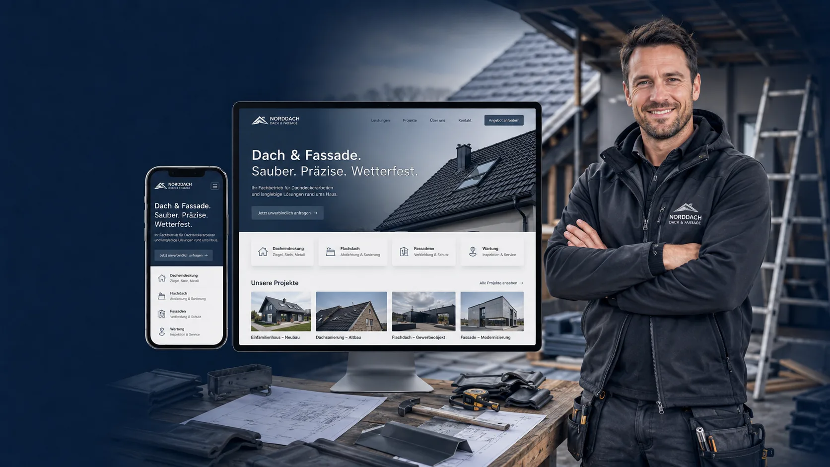 Dachdecker vor seiner Website mit Referenzen von Dach und Fassade