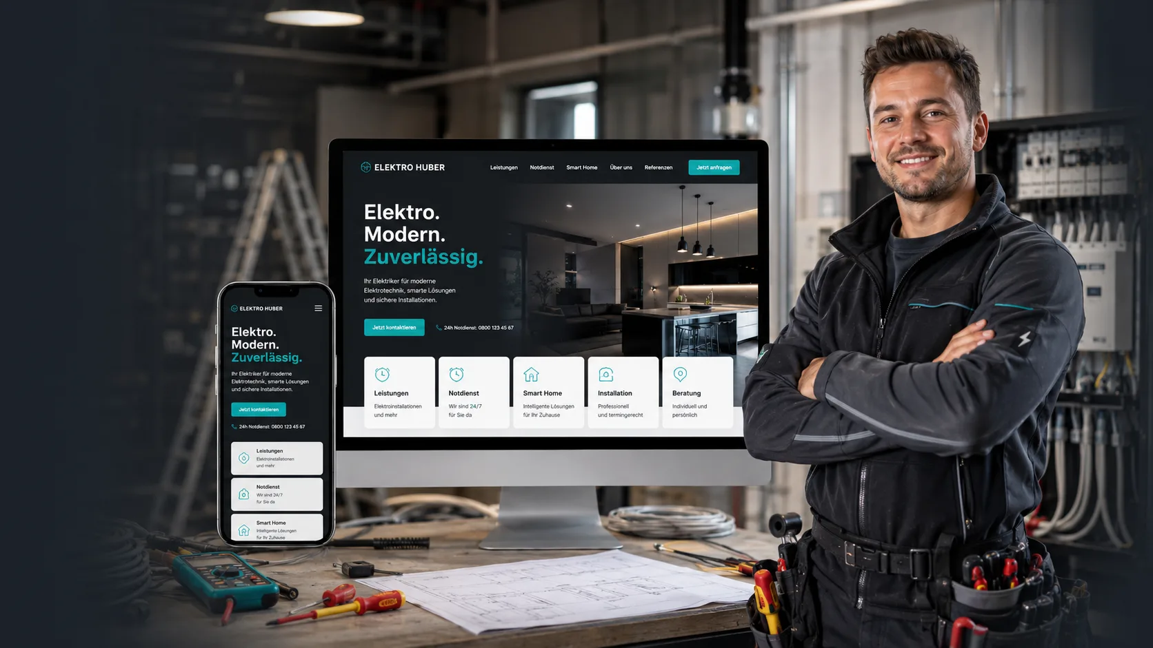Elektrikerin am Verteilerschrank, daneben die Website des Betriebs auf Bildschirm und Smartphone