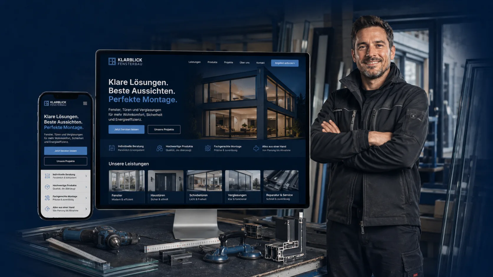 Monteur vor seiner Website für Fenster- und Türenmontage