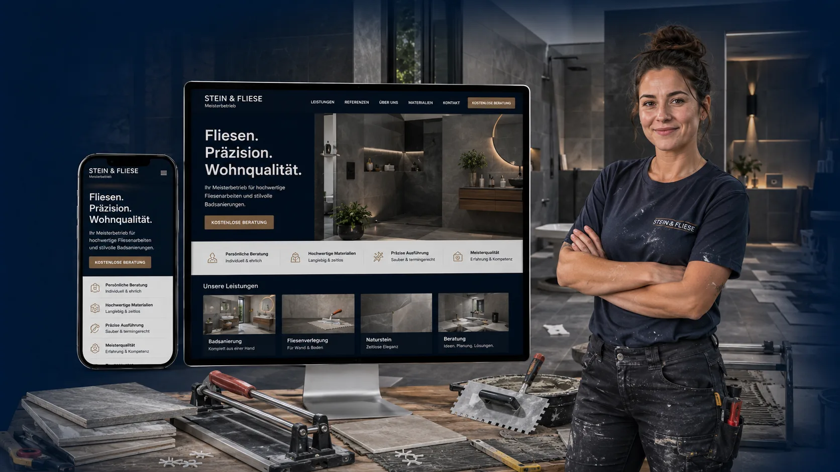 Fliesenlegerin vor ihrer Website mit Referenzen aus Stein und Fliese
