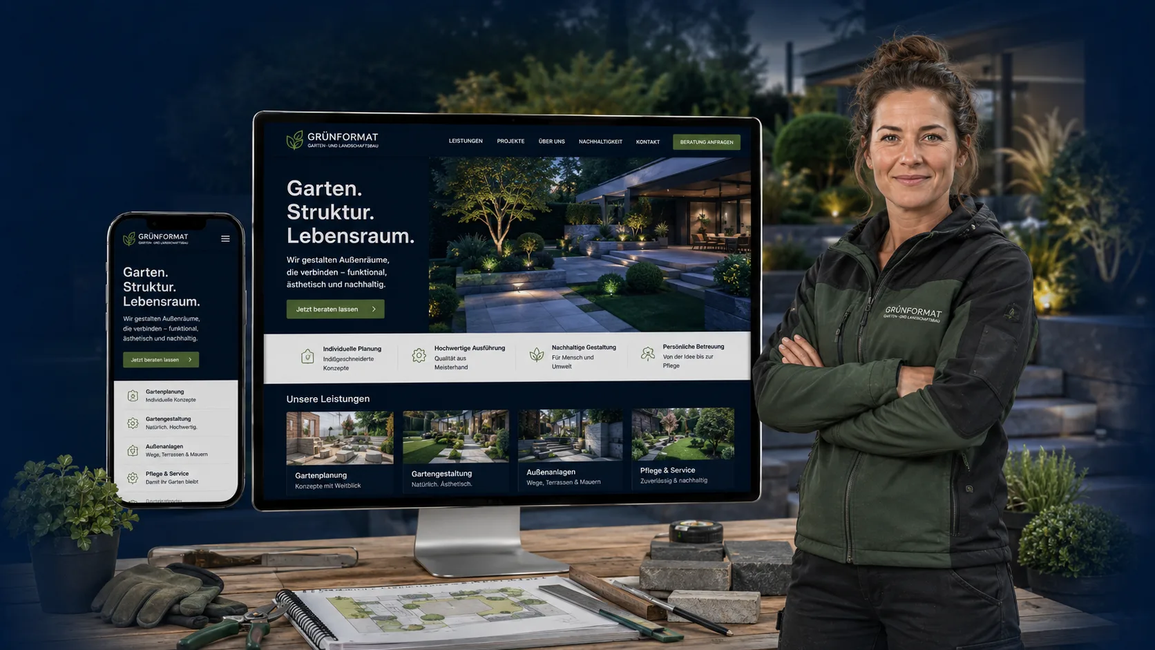 Landschaftsgärtnerin vor ihrer Website mit Garten- und Außenanlagen