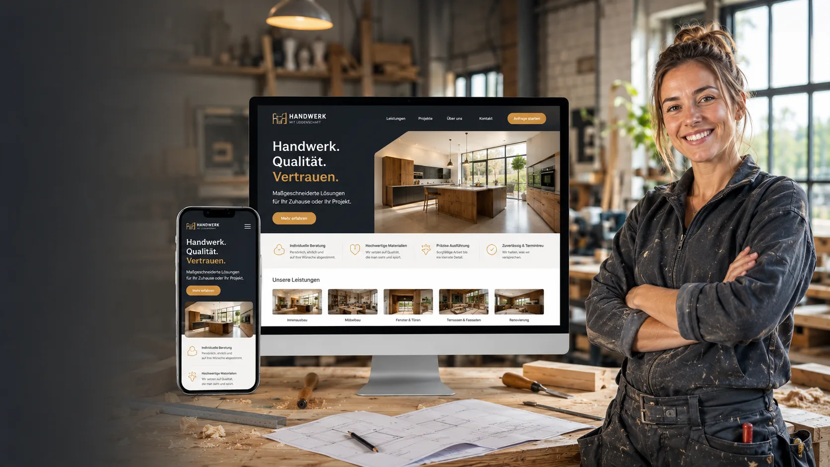 Handwerkerin in der Werkstatt, daneben ihre Website auf Bildschirm und Smartphone