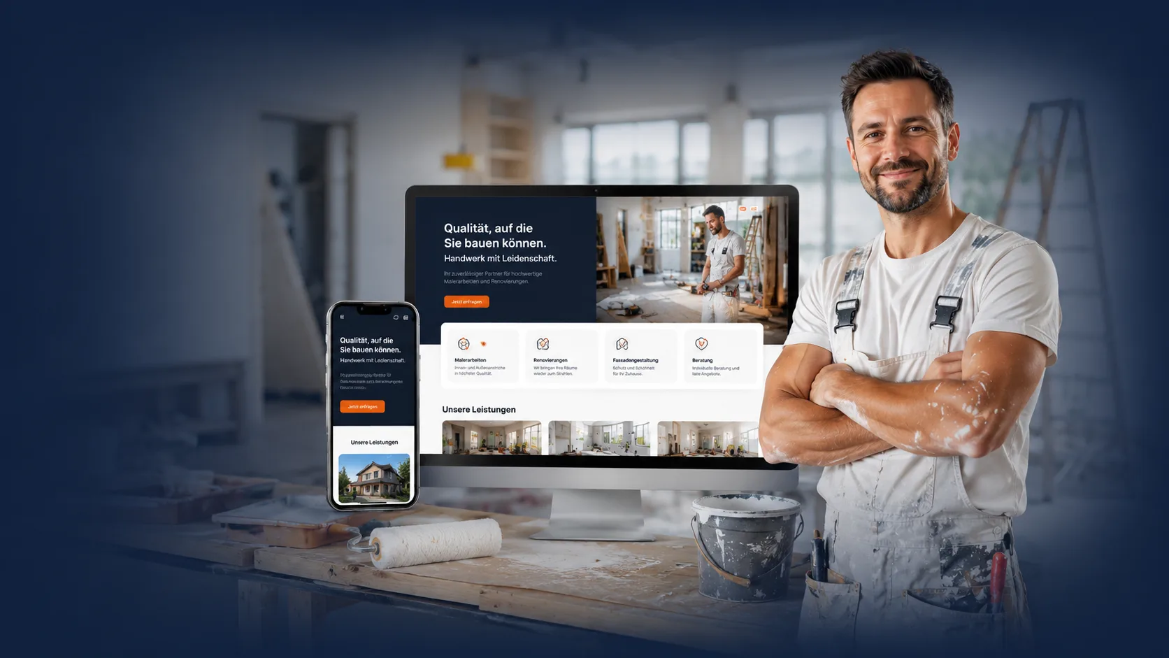 Maler in Arbeitskleidung vor seiner Website auf Bildschirm und Smartphone