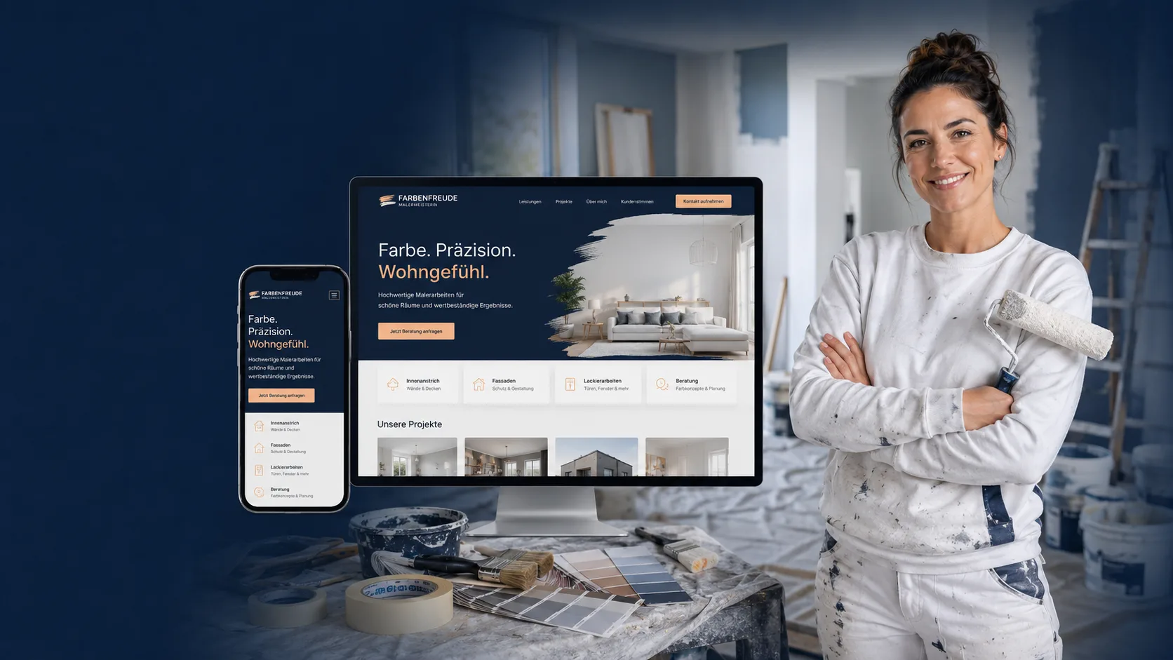 Malerin mit Farbroller vor ihrer Website auf Bildschirm und Smartphone