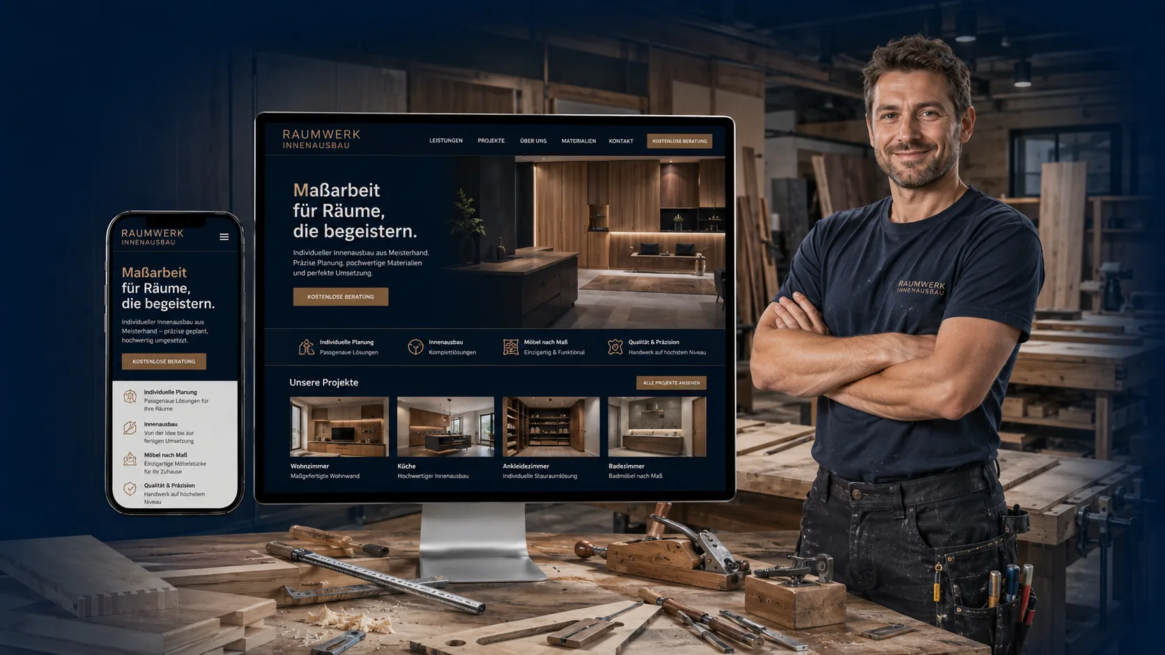 Schreiner in der Werkstatt vor seiner Website für Maßarbeiten
