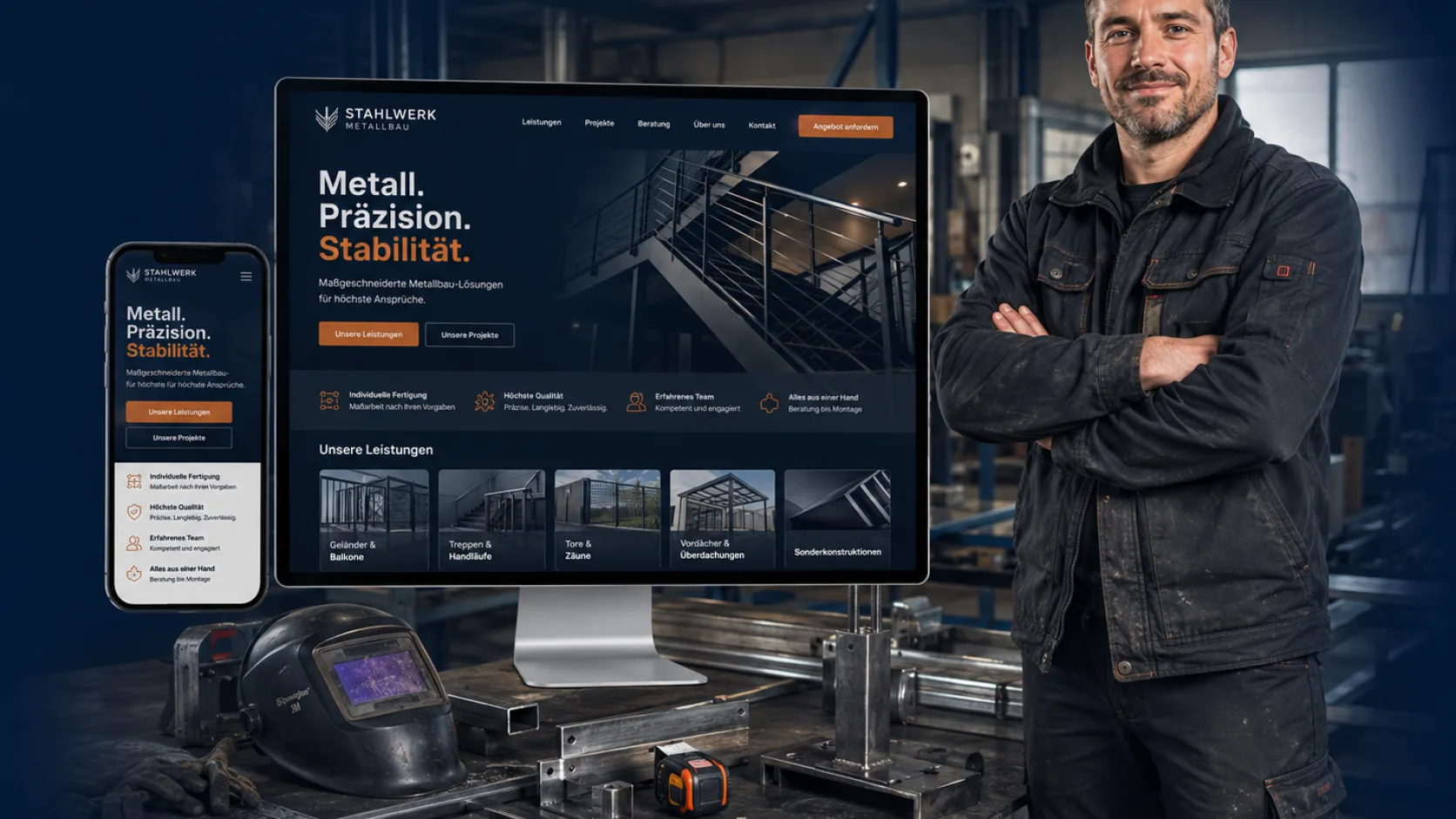 Metallbauer in der Werkstatt, daneben seine Website auf Bildschirm und Smartphone