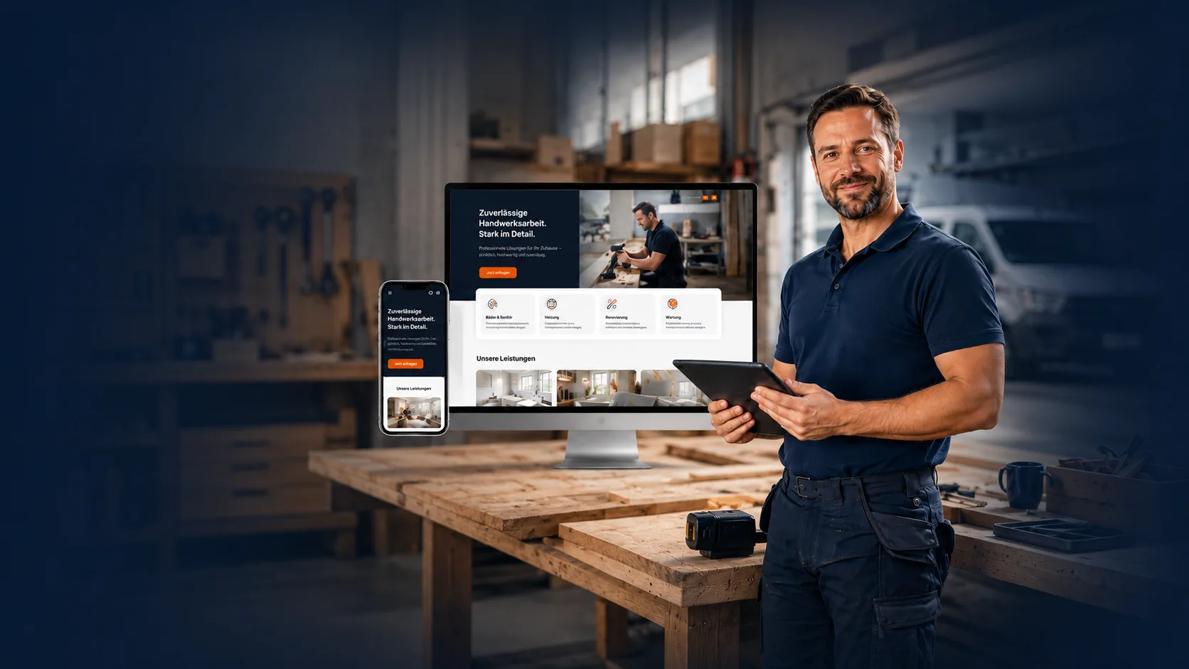 Schreiner mit Tablet an der Werkbank, daneben seine Website auf Bildschirm und Smartphone