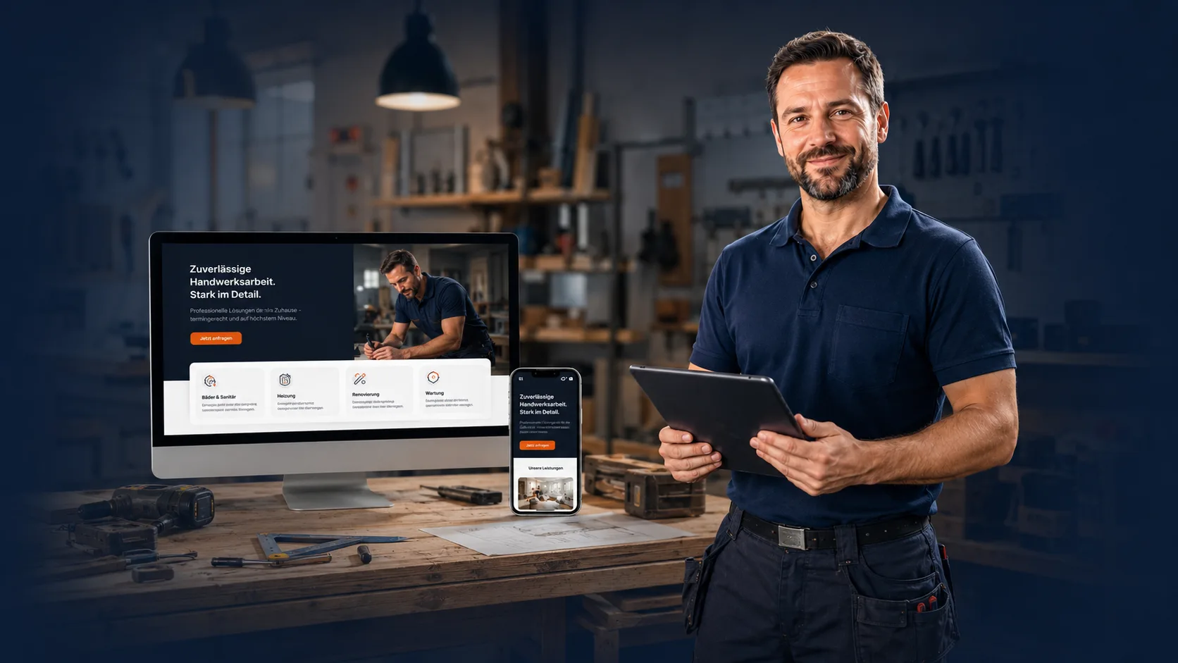 Handwerker mit Tablet in der Werkstatt, daneben seine Website auf Bildschirm und Smartphone