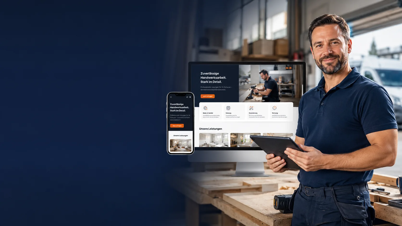 Tradesperson in the workshop with a tablet, alongside his website on a monitor and a smartphone
