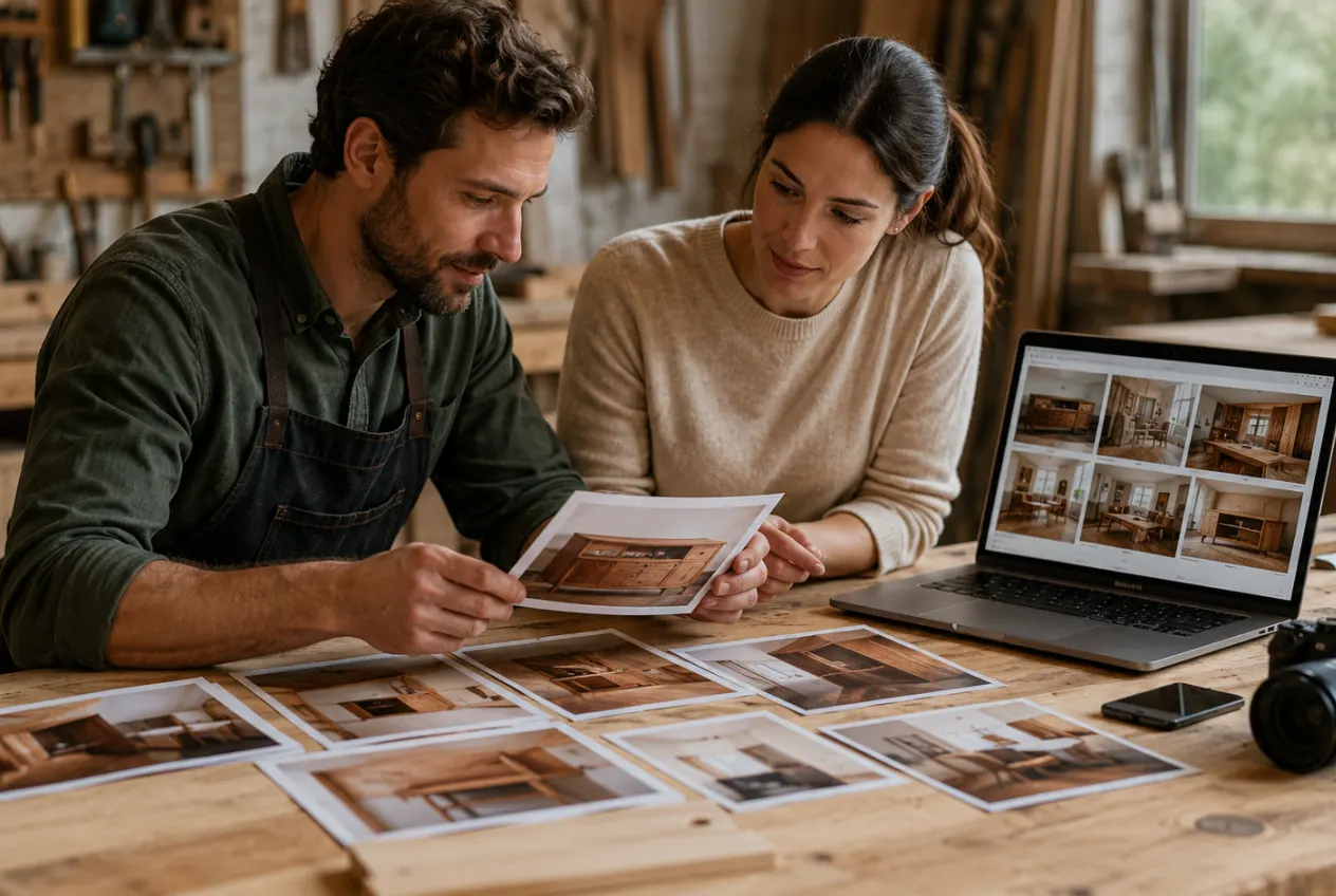 Joiner and consultant reviewing reference photos of finished work for the website