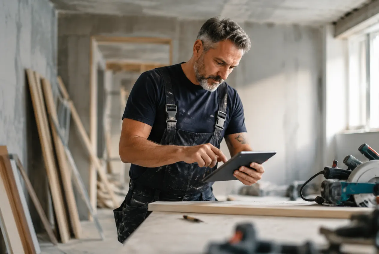 Tradesperson checking the job documents on a tablet in an unfinished building