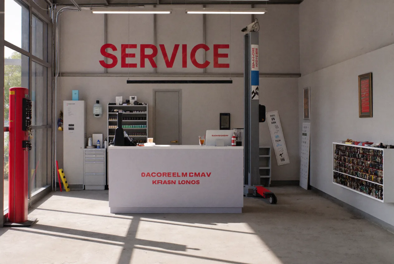 Freundliche Serviceannahme einer KFZ-Werkstatt im Gespräch mit einer Kundin