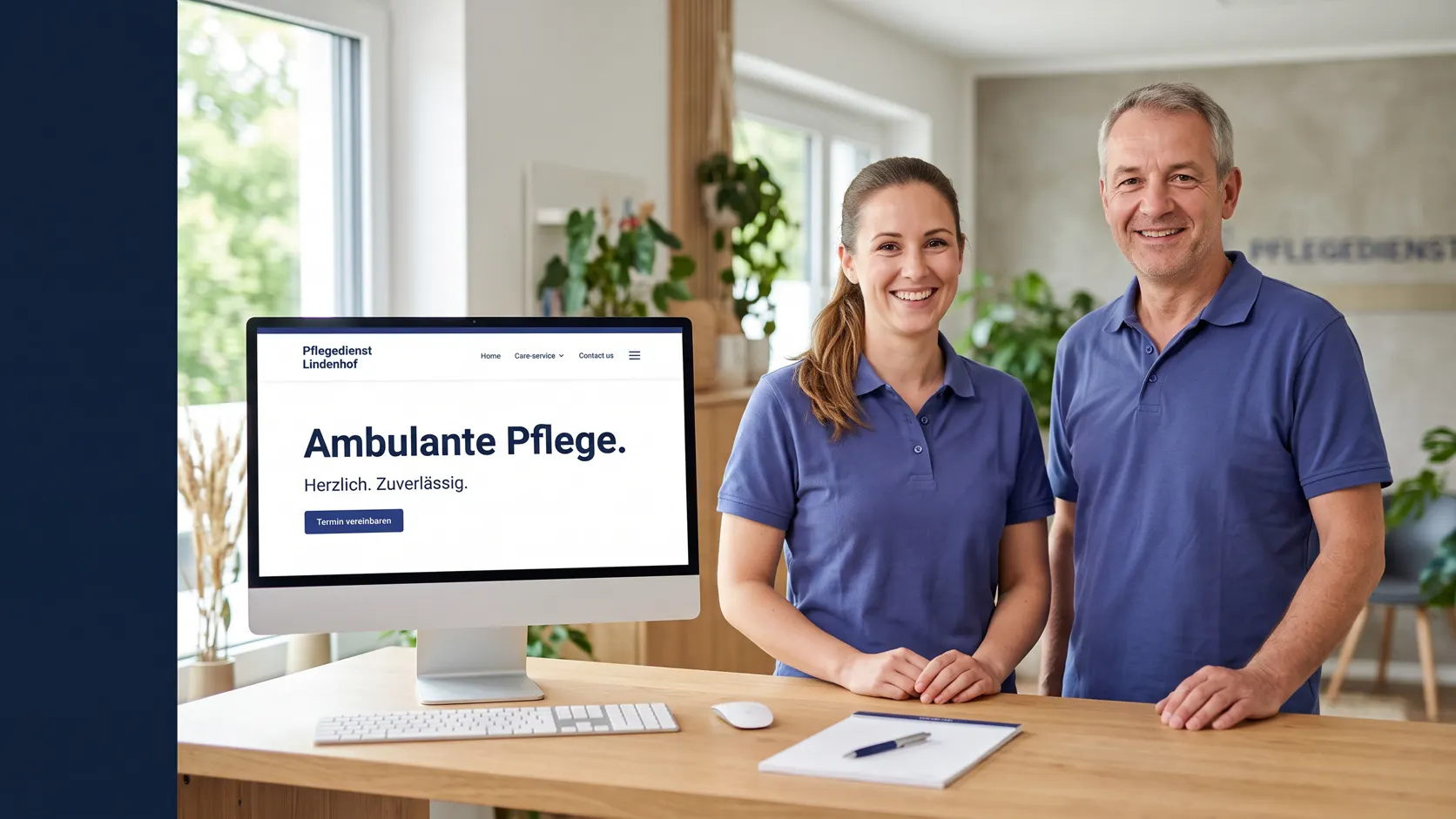 Zwei Pflegekräfte am Empfang, daneben die Pflegedienst-Website auf dem Bildschirm