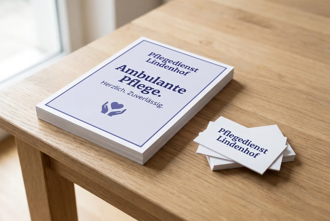 Dienstwagen eines ambulanten Pflegedienstes aus Weingarten parkt in einer Wohnstraße, daneben Flyer, Pflegemappe und Türschild im gleichen Erscheinungsbild