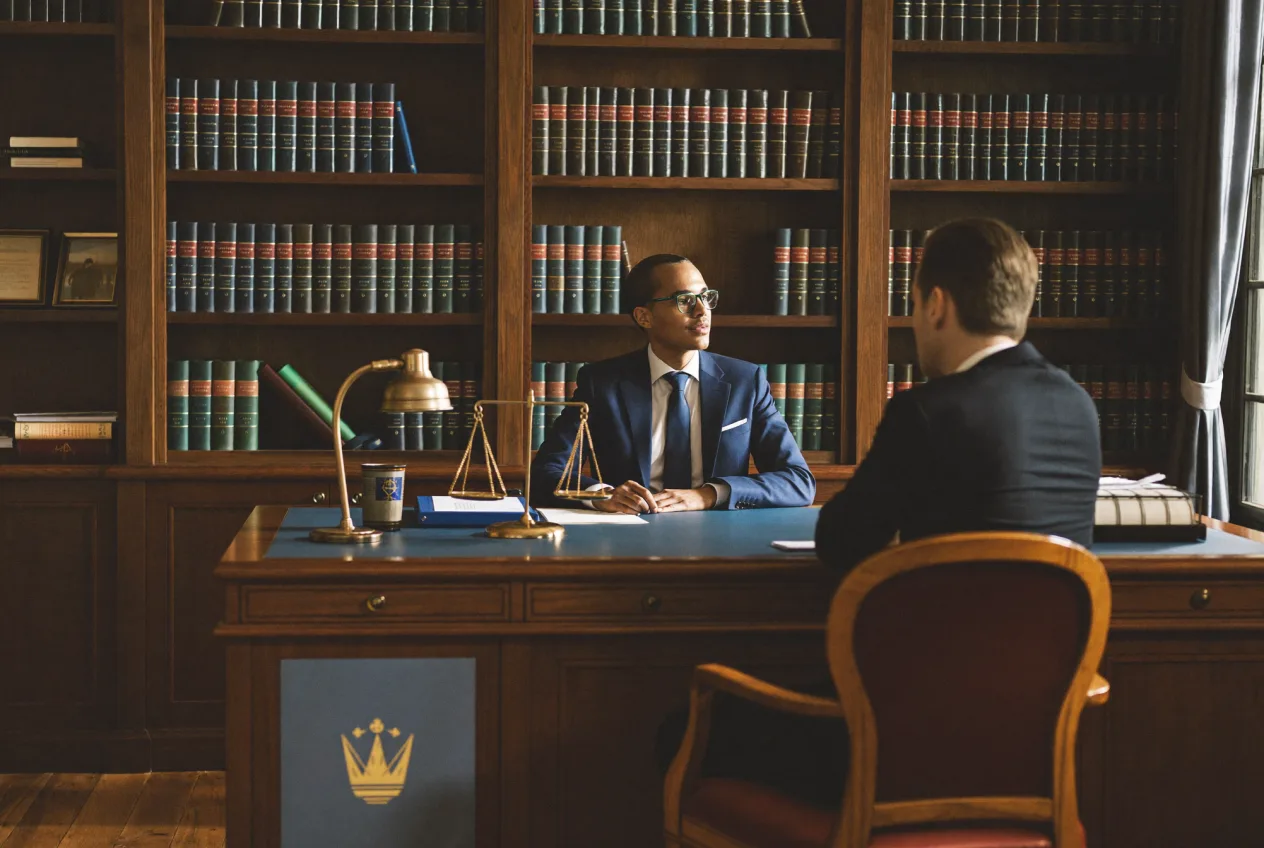 Rechtsanwalt erläutert einem Mandanten in ruhiger Atmosphäre die Rechtslage