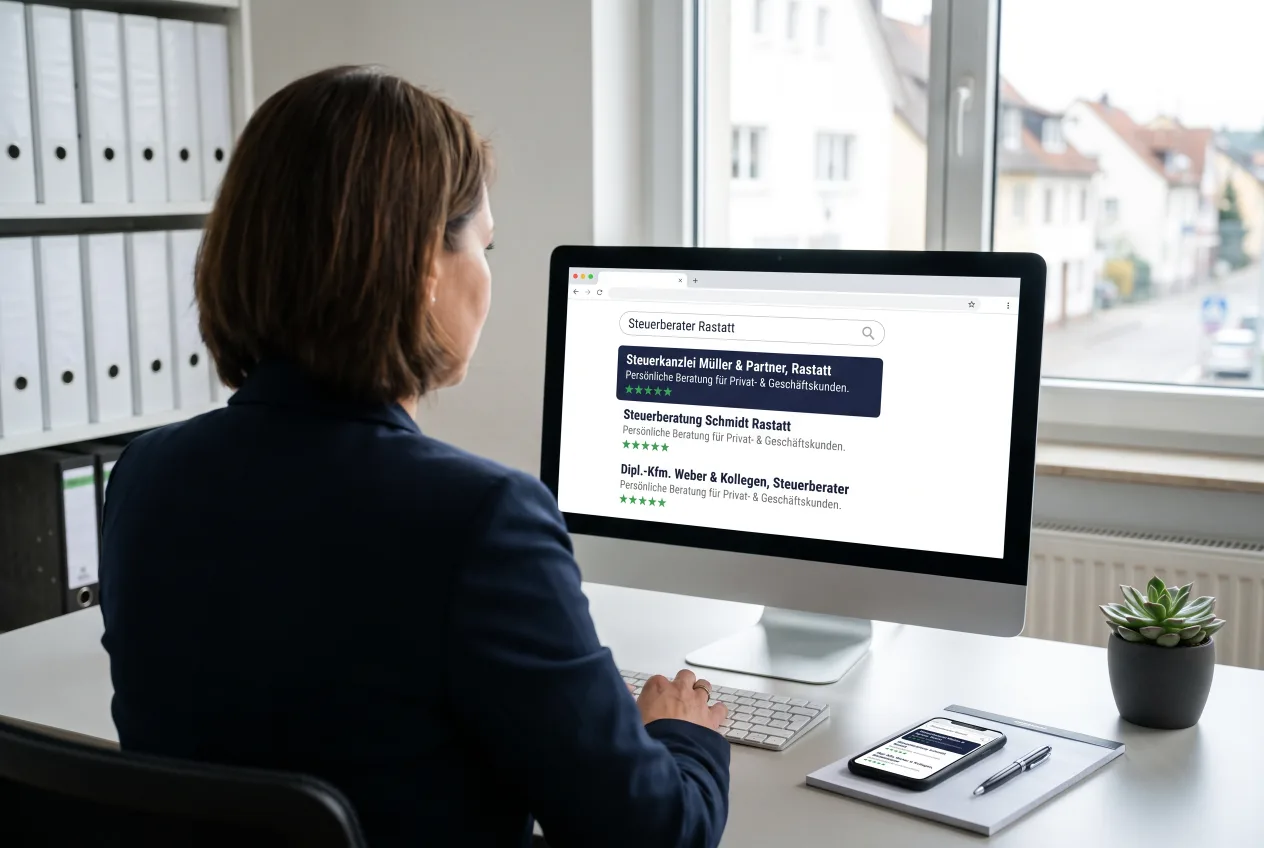 Bildschirm mit Suchergebnissen zu „Steuerberater Eberbach“, Google-Unternehmensprofil und Bewertungen einer Kanzlei