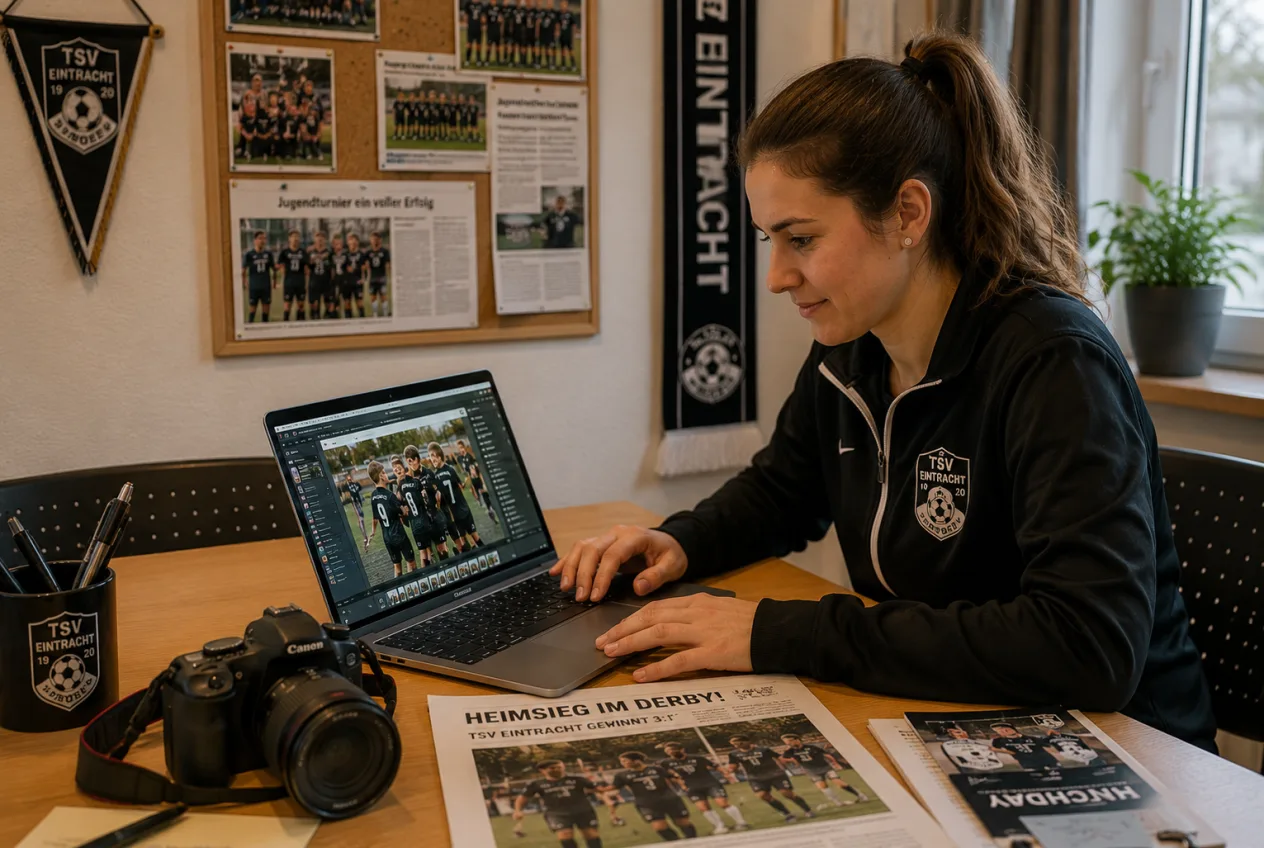 Pressewartin eines Vereins aus Heidelberg bearbeitet Berichte und Fotos für die Vereins-Website am Laptop