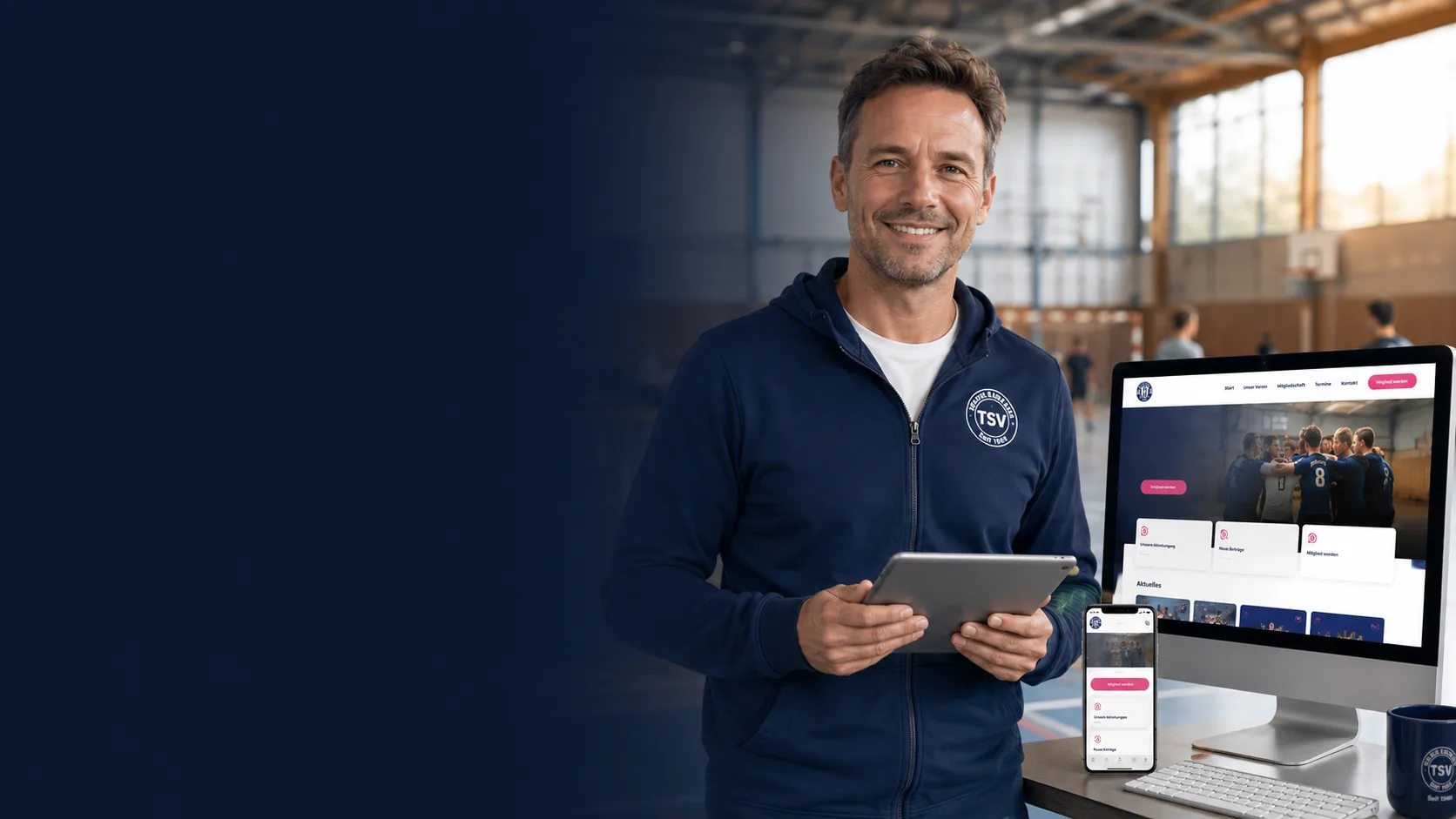 Vorstandsmitglied eines Sportvereins in der Halle, daneben die Vereins-Website auf Bildschirm und Smartphone