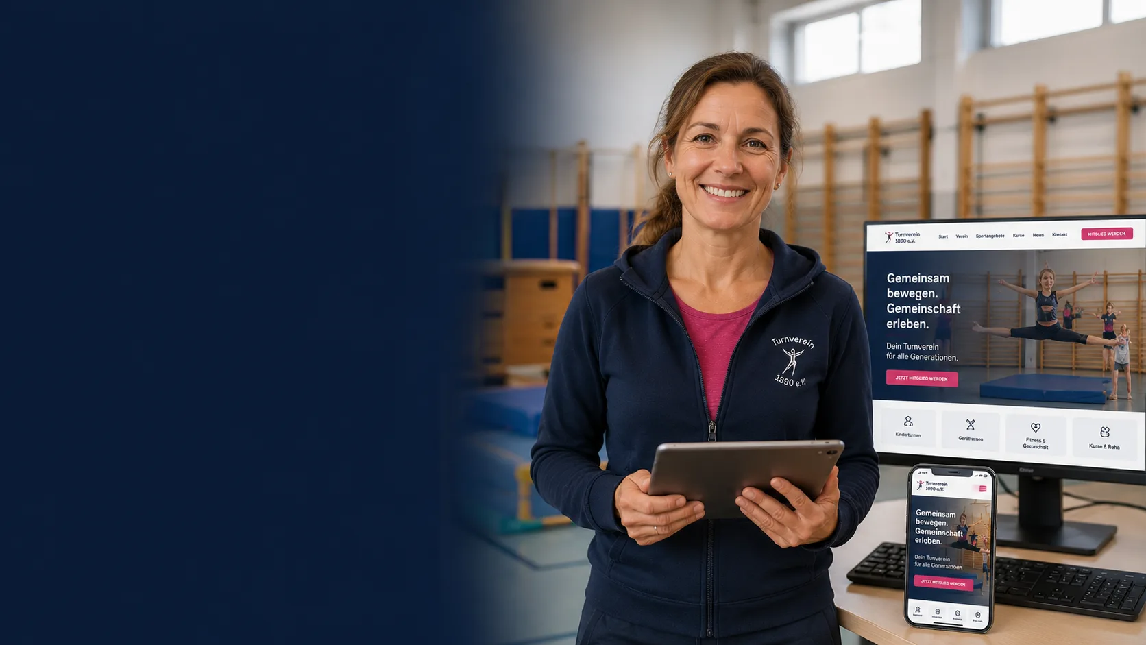 Übungsleiterin eines Turnvereins in der Turnhalle, daneben die Vereins-Website auf Bildschirm und Smartphone