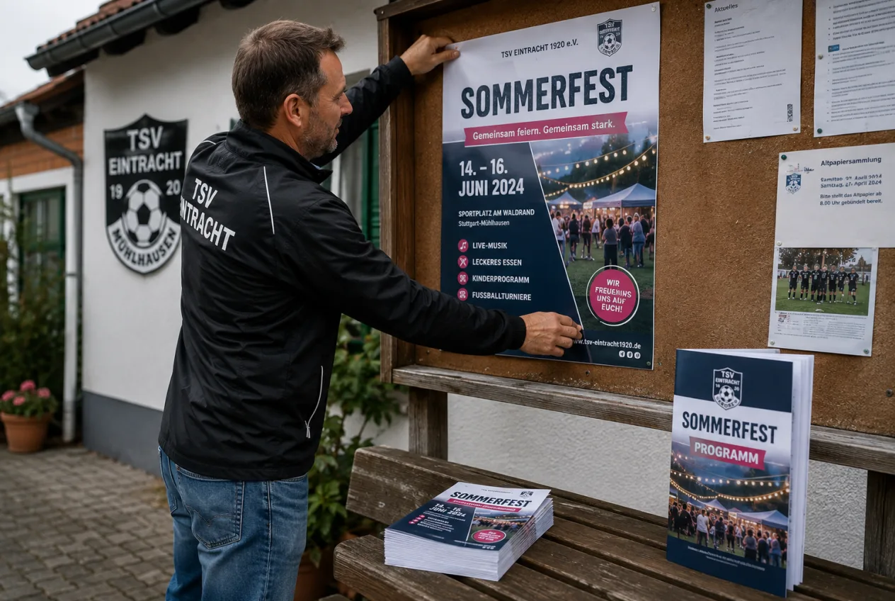 Vereinsmitglied aus Heidelberg hängt das Sommerfest-Plakat an den Aushangkasten, daneben Programmhefte im gleichen Design