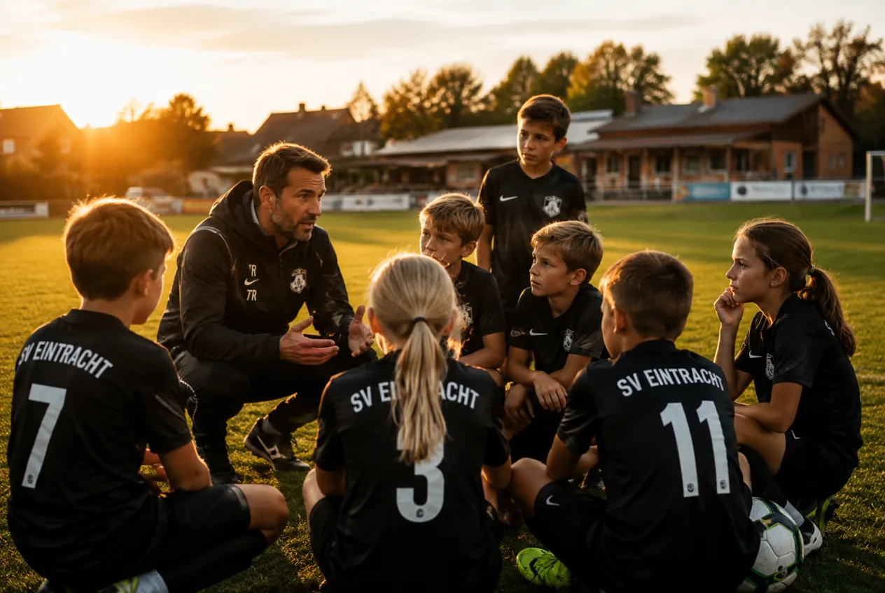 Jugendtrainer aus Heidelberg bespricht sich mit seiner Mannschaft auf dem Sportplatz