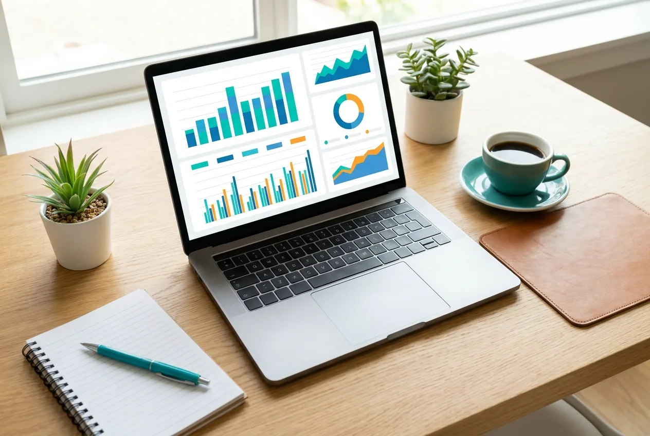 Arbeitsplatz mit Laptop und Analyse-Dashboard für SEO und Content