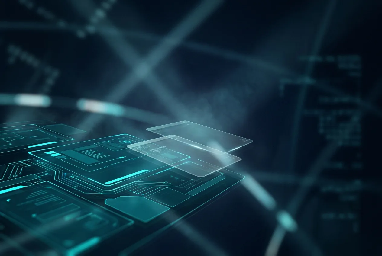 Holografische Website-Wireframes als Sinnbild für KI-lesbare Seitenstruktur
