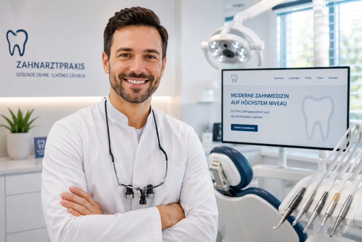 Dentist wearing loupes in front of the practice sign, next to it the practice website on screen