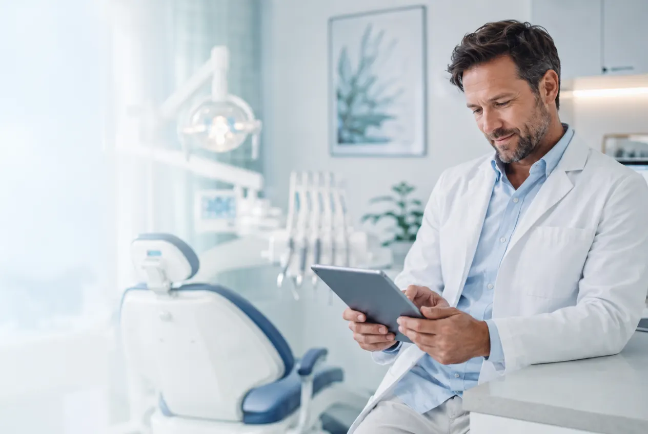 Dentist checking the enquiries from his practice website on a tablet