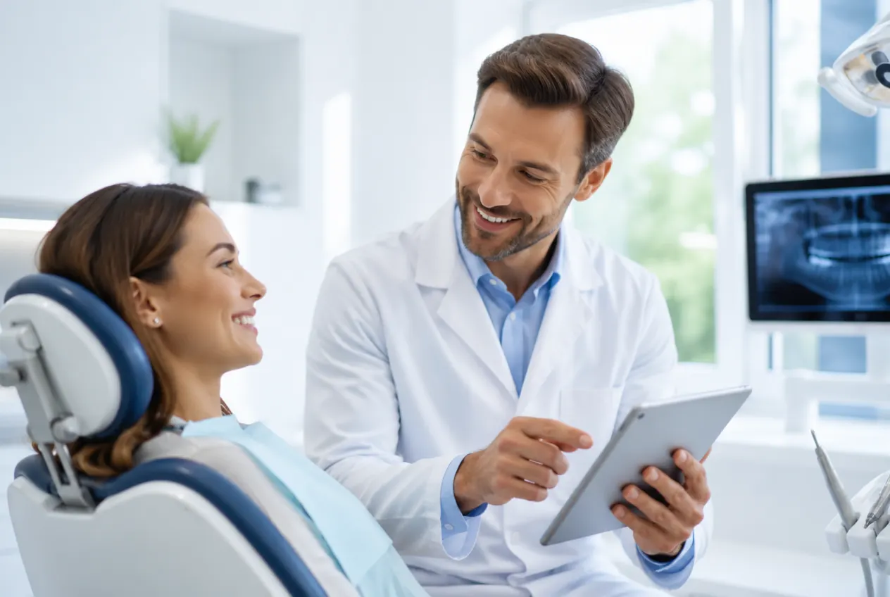 Dentist explaining the scan on a tablet to a patient at the treatment chair