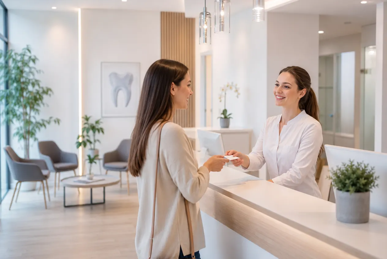 Patient at the reception of a dental practice, with the bright waiting area behind her