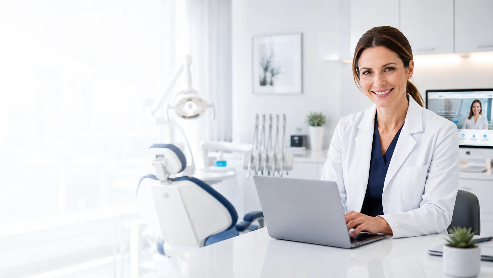 Dentist at the reception desk of her practice, with a treatment chair and the practice website on screen in the background