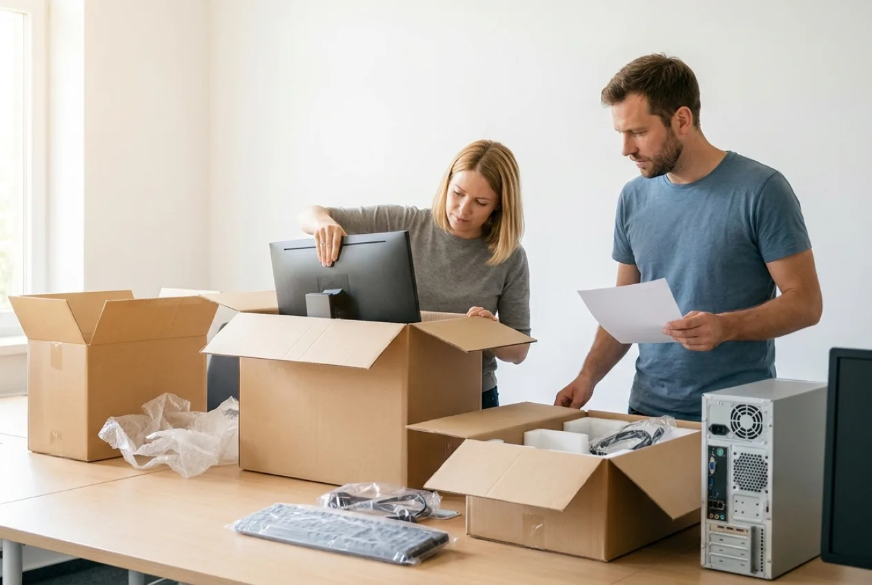Neue Computer und Monitore werden für einen Kunden aus Oos ausgepackt und eingerichtet