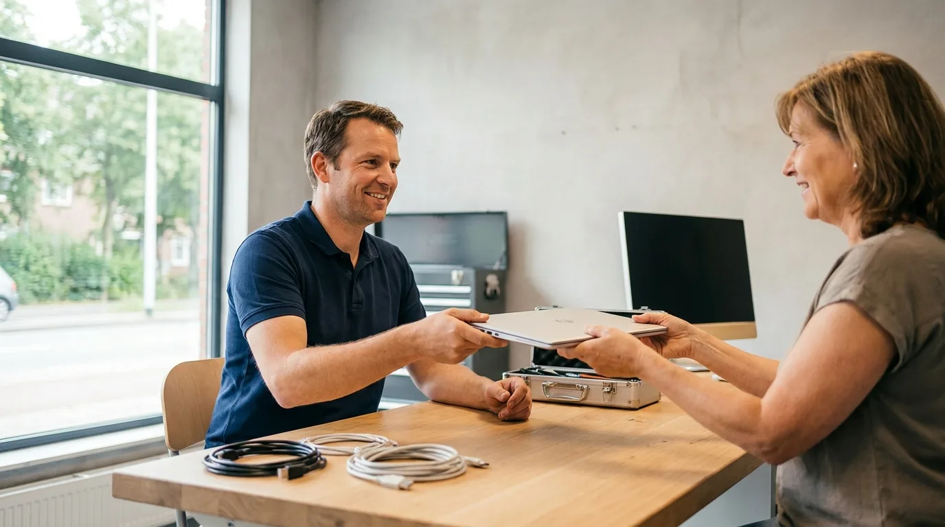 Techniker von NK IT Service übergibt einem Kunden aus Oos das reparierte Notebook