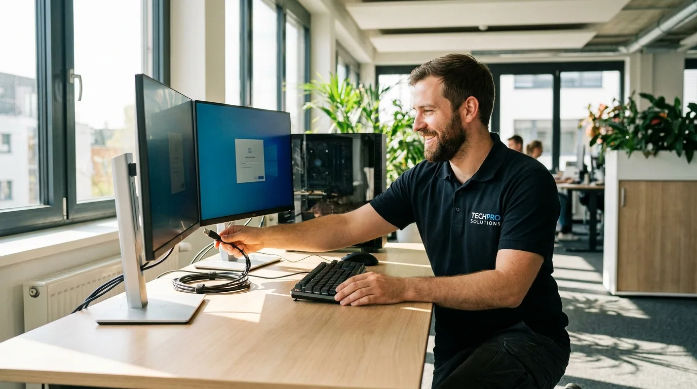 Techniker von NK IT Service richtet einen neuen Business-Arbeitsplatz mit zwei Monitoren ein