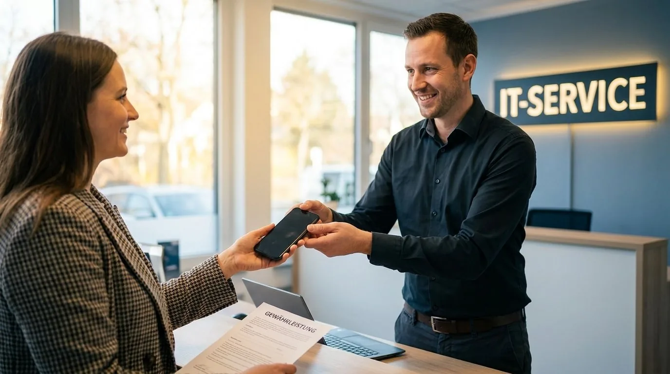 Techniker von NK IT Service übergibt ein repariertes Gerät in Rastatt