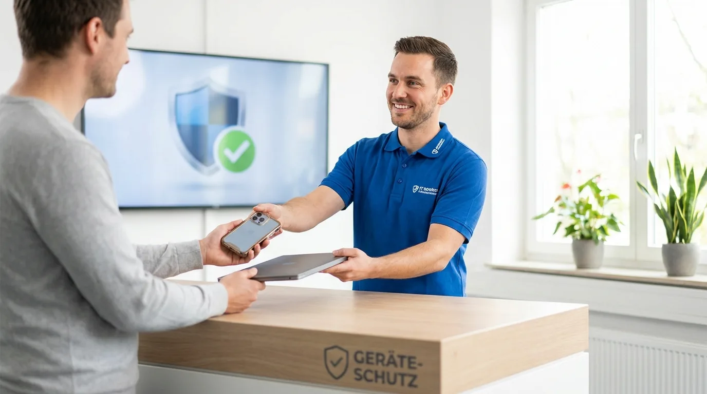 Techniker von NK IT Service übergibt ein geschütztes Gerät am Service-Tresen