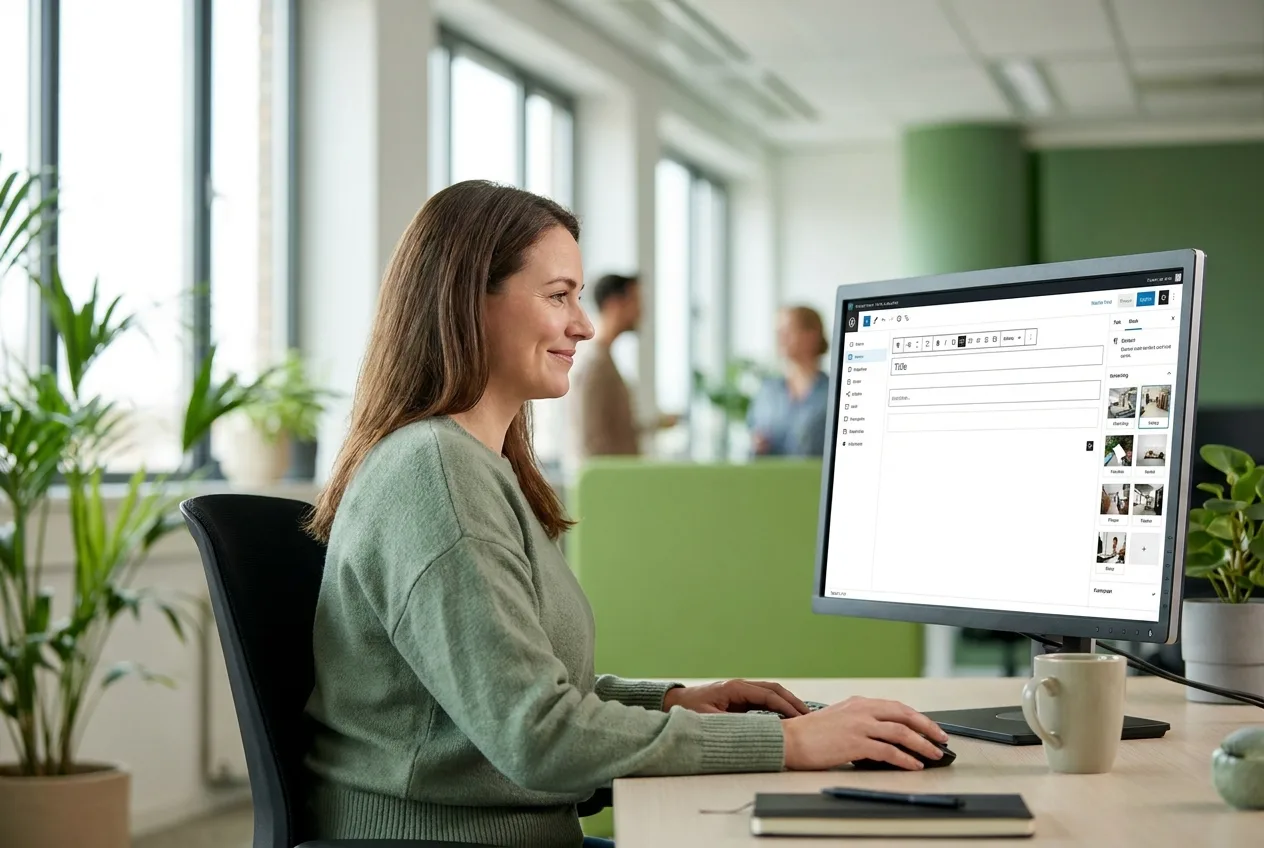 Redakteurin pflegt Texte und Bilder selbst im CMS – Website-Pflege ohne Programmierkenntnisse